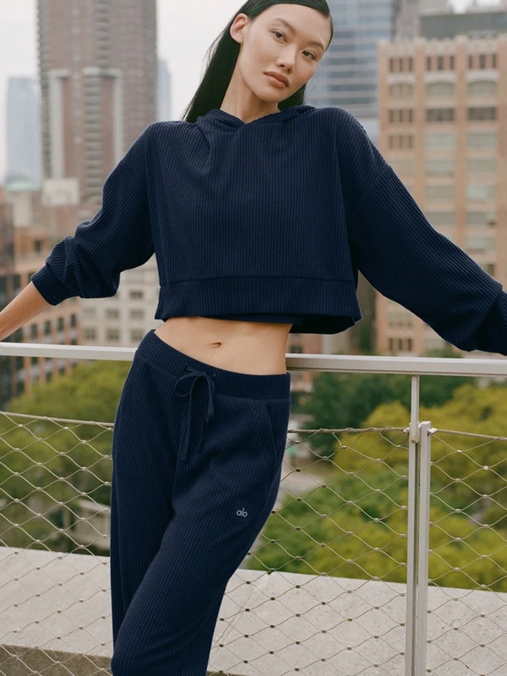 ALO Yoga Muse Ribbed Hoodie & Joggers Set in Navy size small/xsmall